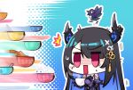  1girl adarin bare_shoulders bird black_hair blue_background blue_hair colored_inner_hair food fur_trim hair_ornament hololive hololive_english horns long_hair multicolored_hair nerissa_ravencroft red_eyes shadow_(nerissa_ravencroft) soup steam super_chat two-tone_hair virtual_youtuber 