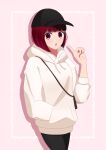  1girl :o absurdres arima_kana bag baseball_cap black_headwear black_pants blue-rapid bob_cut commentary_request hand_in_pocket hat highres hood hoodie ibispaint_(medium) inverted_bob long_sleeves looking_at_viewer no_pupils open_mouth oshi_no_ko pants pink_background pointing pointing_at_self red_eyes redhead shadow shoulder_bag solo violet_eyes white_hoodie 