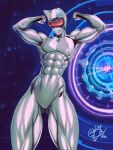  1girl abs animal_ears arms_up ass_visible_through_thighs biceps bodysuit capcom cat_ears exoprimal faceless flexing helmet highres mostlybluewyatt muscular muscular_female pectorals solo thick_thighs thighs vigilant_(exoprimal) 