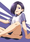  1boy barefoot dokushibuki feet hair_over_one_eye hataraku_maou-sama! highres legs male_focus open_mouth purple_hair shirt short_sleeves shorts solo t-shirt toenails toes urushihara_hanzou violet_eyes 