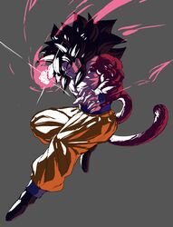  1boy absurdres biceps black_hair blue_sash body_fur dragon_ball dragon_ball_gt highres long_hair male_focus monkey_boy monkey_tail muscular muscular_male no_nipples pants pectorals red_fur saiyan sash solo son_goku spiky_hair super_saiyan super_saiyan_4 tail xalice18 yellow_pants 