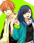  1boy 1girl black_hair blonde_hair blue_hair clenched_hand commentary_request drawstring earrings gradient_hair green_eyes hair_ornament headphones headphones_around_neck hinata_(ryohinata) hood hood_down hoodie jacket jewelry long_hair long_sleeves looking_at_viewer multicolored_hair open_clothes open_jacket open_mouth orange_eyes orange_hair project_sekai shinonome_akito shiraishi_an short_hair sleeves_past_elbows star_(symbol) star_hair_ornament streaked_hair stud_earrings teeth two-tone_background two-tone_hair upper_body upper_teeth_only yellow_hoodie 