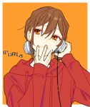  1girl border brown_hair closed_mouth dot_nose drawstring fingernails hagiwara_daisuke hands_up headphones hood hood_down hoodie hori-san_to_miyamura-kun hori_kyouko long_hair long_sleeves orange_eyes outside_border red_hoodie solo upper_body white_border 