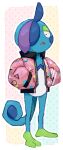  blue_skin clothed_pokemon colored_skin drizzile full_body jacket long_sleeves nark no_humans open_clothes open_jacket open_mouth pokemon pokemon_(creature) polka_dot polka_dot_background signature solo standing tail 