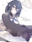  1girl bags_under_eyes black_hair blue_archive blue_eyes blush cardigan feet hair_between_eyes hairband halo highres jewelry koyansuee long_hair low_twintails necklace pantyhose school_uniform steam steaming_body turtleneck twintails ui_(blue_archive) violet_eyes white_background 