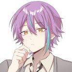  1boy asymmetrical_bangs blue_hair ceiling39 closed_mouth collared_shirt commentary_request diagonal-striped_necktie double-parted_bangs dress hair_between_eyes hand_up highres kamishiro_rui kamiyama_high_school_uniform_(project_sekai) korean_commentary male_focus multicolored_hair open_collar project_sekai purple_dress school_uniform shirt short_hair simple_background solo streaked_hair two-tone_hair upper_body white_background yellow_eyes 