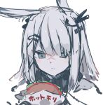  1girl animal_ears arknights blue_eyes burger food frostnova_(arknights) grey_hair hair_ornament hairclip holding holding_food long_hair portrait rabbit_ears rabbit_girl scar scar_on_face scar_on_nose simple_background sketch solo sukima_(crie) white_background 
