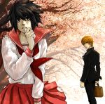  bags_under_eyes death_note l l_lawliet light_yagami lowres parody pleated_skirt school_uniform skirt to_heart yagami_light 