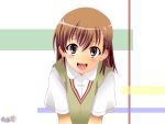  bent_over brown_eyes brown_hair gaorin misaka_mikoto school_uniform short_hair sweater_vest to_aru_kagaku_no_railgun to_aru_majutsu_no_index 