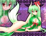 alternate_costume arm_support bare_legs bow breasts center_opening china_dress chinese_clothes cleavage cleavage_cutout ex-keine green_hair horn_ribbon horns john_(nakoto) jon_(artist) kamishirasawa_keine large_breasts legs long_hair looking_at_viewer lying nail_polish navel no_panties on_side red_eyes ribbon seductive_smile side_slit slit_pupils solo tail touhou tsurime zoom_layer 