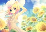  armpits bare_shoulders blonde_hair blush cloud clouds dress flower hair_ornament hairclip hat highres kagamine_rin short_hair sky smile solo spaghetti_strap sun_hat sundress sunflower vocaloid white_dress wind windy yamiko yamiya 