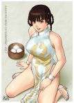  arm_support azasuke bare_shoulders braid brown_eyes brown_hair china_dress chinese_clothes cuffs dead_or_alive dress earrings grin jewelry kneeling lei_fang nikuman sandals solo twin_braids watermark 