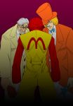  alexander_anderson alucard_(hellsing) angry bouzu_oyaji bow_tie bowtie captain_(hellsing) chicken chicken_(food) clenched_teeth clown colonel_sanders dark facial_hair food formal from_behind glasses goatee green_eyes hair_over_one_eye hat hat_over_one_eye hellsing jumpsuit kfc kfc_(company) male mcdonald&#039;s mcdonald's mos_burger multiple_boys mustache parody red_hair redhead ronald_mcdonald showdown simple_background standing string_tie suit top_hat wand weapon white_hair 