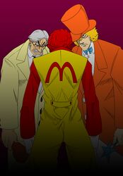  alexander_anderson alucard_(hellsing) angry bouzu_oyaji bow_tie bowtie captain_(hellsing) chicken chicken_(food) clenched_teeth clown colonel_sanders dark facial_hair food formal from_behind glasses goatee green_eyes hair_over_one_eye hat hat_over_one_eye hellsing jumpsuit kfc kfc_(company) male mcdonald&#039;s mcdonald's mos_burger multiple_boys mustache parody red_hair redhead ronald_mcdonald showdown simple_background standing string_tie suit top_hat wand weapon white_hair 