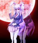   afterimage animal_ears blazer rabbit_ears long_hair merutoreimu moon necktie pleated_skirt pointing purple_hair red_eyes red_moon reisen_udongein_inaba skirt smile thigh-highs touhou very_long_hair white_thighhighs zettai_ryouiki  