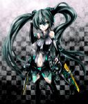 checkered checkered_background green_eyes green_hair hatsune_miku hatsune_miku_(append) highres long_hair miku_append navel necktie thigh-highs thighhighs twintails very_long_hair vocaloid vocaloid_append yato 