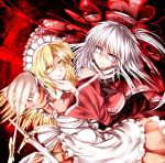  blonde_hair foreshortening from_above hair_bobbles hair_ornament hand_on_another&#039;s_cheek hand_on_another&#039;s_face holding_hands kazetto knife light_particles light_smile long_hair looking_at_viewer maid multiple_girls shinki side_ponytail silver_hair touhou touhou_(pc-98) yellow_eyes yumeko 
