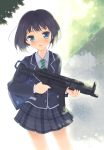  blue_eyes blue_hair blush gun h&amp;k_mp5 highres komi_zumiko mp5 school_uniform short_hair skirt submachine_gun weapon 
