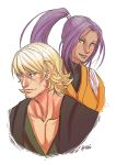  blonde_hair dark_skin kathryn_layno lips purple_hair shihouin_yoruichi smile urahara_kisuke 