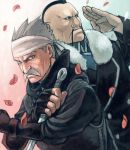 buccaneer_(fullmetal_alchemist) facial_hair fighting_stance fingerless_gloves fu_(fullmetal_alchemist) fullmetal_alchemist gloves grey_hair headband male manly mohawk mukuo multiple_boys mustache old_man petals salute spiked_hair spoilers weapon 