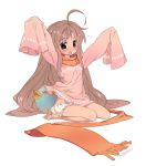  ahoge arms_up barefoot bloomers blush brown_hair child kneeling legs long_hair oversized_clothes oxiji scarf 