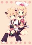  bad_id bell blonde_hair blue_eyes blush bow brother_and_sister bunny_ears cat_ears cat_tail hair_ornament hair_ribbon hairclip headphones jingle_bell kagamine_len kagamine_rin kemonomimi_mode non_(hey_you!) rabbit_ears ribbon short_hair siblings simple_background sitting smile tail twins vocaloid 