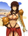  armband armor bikini_top breasts brown_eyes brown_hair buckle buckles cleavage detached_sleeves enoshima_iki gladiator helmet lips long_hair muscle original scar solo thighs weapon 