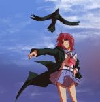  bird coat crow fumichi highres iwasawa red_eyes red_hair redhead school_uniform sky smile 