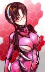  bodysuit breasts brown_eyes brown_hair evangelion:_2.0_you_can_(not)_advance glasses hairband large_breasts long_hair makinami_mari_illustrious neon_genesis_evangelion plugsuit rebuild_of_evangelion skin_tight smile solo twintails 