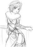  demon&#039;s_souls dress executioner_miralda female garters monochrome short_hair sketch solo thigh-highs xi_daisei 