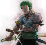  black_eyes boyaking green_hair haramaki katana male muscle one_piece roronoa_zoro short_hair solo sword weapon 