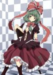  bad_id dress frills green_eyes green_hair highres kagiyama_hina rasahan solo touhou 