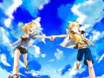  blonde_hair blue blue_eyes bracelet brother_and_sister casual cloud clouds grin hair_ornament hair_ribbon hairclip headphones headphones_around_neck highres holding_hands jewelry junji kagamine_len kagamine_rin navel ponytail ribbon running sandals shoes short_hair short_shorts shorts siblings sky smile sneakers twins vocaloid 