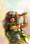  cape faris_scherwiz female final_fantasy final_fantasy_v long_hair occipital purple_hair solo sword wristband 