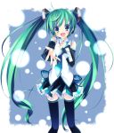  aaasld aqua_hair belt blue_eyes detached_sleeves hand_on_chest hatsune_miku necktie open_mouth outstretched_arm singing snow thigh_boots twintails vocaloid zettai_ryouiki 