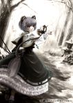  adapted_costume animal_ears capelet dress dutch_angle embellished_costume forest frills gown grey_hair mochinu mouse mouse_ears mouse_tail nature nazrin red_eyes short_hair snow solo sunbeam sunlight tail touhou tree walking winter 
