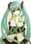  aqua_eyes aqua_hair bad_id bound_hands bound_wrists breast_hold breasts cleavage detached_sleeves hatsune_miku long_hair navel necktie nntn skirt solo twintails very_long_hair vocaloid 