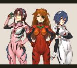  ayanami_rei blue_eyes breasts brown_hair eyepatch large_breasts long_hair makinami_mari_illustrious neon_genesis_evangelion plugsuit ponytail red_eyes shirabi_(life-is-free) short_hair smile souryuu_asuka_langley 