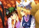  2girls animal_ears bad_id blonde_hair blush bow brown_hair cat_ears cat_tail chen earrings fox_tail hand_on_another's_cheek hand_on_another's_face hand_to_face hat jewelry multiple_tails nunucco red_eyes short_hair smile tail touhou wink yakumo_ran yellow_eyes 