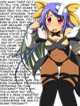  bandage blue_hair blush bow dizzy guilty_gear hair_bow hard_translated highres leaning_forward midriff mirano open_mouth red_eyes solo tail text thigh-highs translated wings 