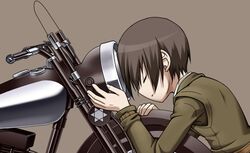  brown_hair closed_eyes head_down hermes hug jacket kino kino_no_tabi motor_vehicle motorcycle rankei reverse_trap short_hair vehicle 