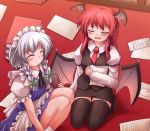  bat_wings braid head_wings izayoi_sakuya koakuma long_hair lzh maid maid_headdress multiple_girls red_hair redhead short_hair silver_hair thighhighs touhou twin_braids wings 