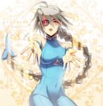  bare_shoulders blazblue bodysuit braid bridal_gauntlets eyepatch female grey_hair jewelry jou jou_(mono) long_hair nu-13 red_eyes ring silver_hair single_braid skin_tight solo very_long_hair 