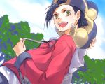  backwards_hat bag baseball_cap black_hair cyndaquil from_below gold_(pokemon) gold_(pokemon)_(remake) happy hat hoodie mogmahiru open_mouth pokemon pokemon_(game) pokemon_gsc short_hair sky smile tree yellow_eyes 