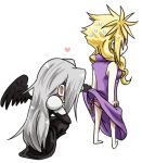 2boys blonde_hair clenched_hands cloud_strife dress dress_lift final_fantasy final_fantasy_vii from_behind gloves heart long_hair no_eyes panties pink_panties sephiroth side-tie_panties silver_hair simple_background single_wing squatting sweatdrop towo3 wings 