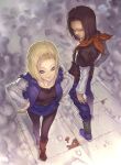  android_18 blonde_hair blue_eyes boots brother_and_sister brown_hair dragon_ball dragon_ball_z highres katsutake looking_back pantyhose short_hair siblings skirt white_eyes 