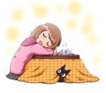  brown_hair cat closed_eyes highres kotatsu original short_hair sitting sleeping solo table uusaa 