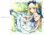  alice_(wonderland) apron bird blonde_hair blue_eyes flower long_hair sayori solo striped 