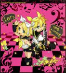  bare_shoulders blonde_hair chibi hair_ornament hair_ribbon hairclip headphones headset highres ie instrument kagamine_len kagamine_rin keyboard_(instrument) looking_back looking_up microphone musical_note ponytail ribbon sailor_collar short_hair shorts siblings smile star twins vocaloid 