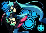  1girl aqua_eyes aqua_hair bad_id boots elbow_gloves fingerless_gloves gloves hatsune_miku long_hair mecha_musume mound_of_venus navel solo thigh_boots thighhighs twintails very_long_hair vocaloid wazuka_na_shiawase 